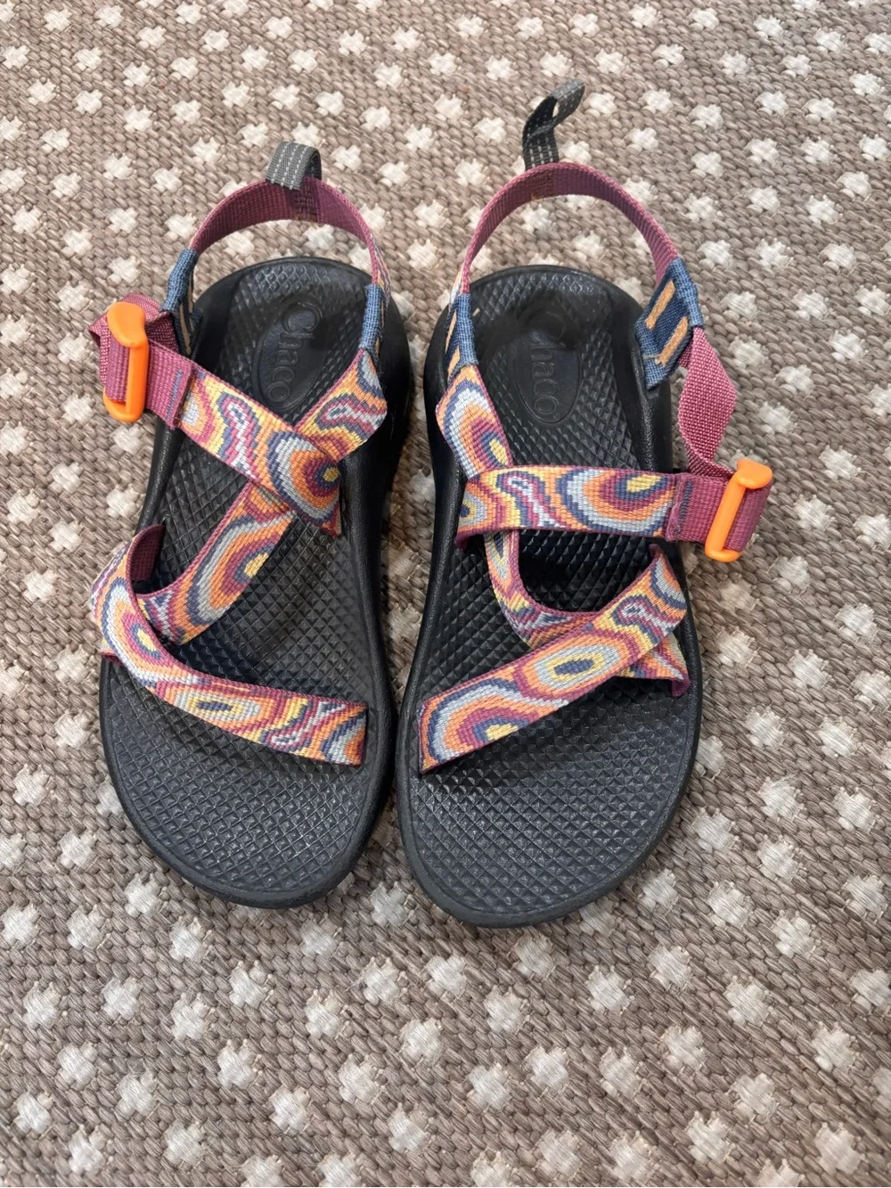 Chaco Kids Multicolor Patterned Strap Sandals with Orange Buckle